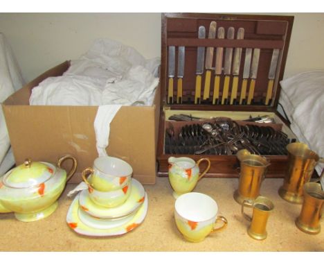 Assorted linen together with a cased part flatware service, brass measures, part tea set etc 