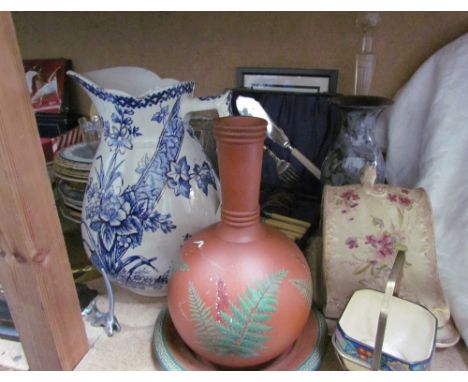 A copper lustre jug together with brasswares, part tea sets, pottery jugs, mantle clock, gong, assorted plates, cased fish se