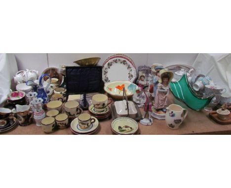 A Motto ware part tea set together with other part tea sets, scales, jugs, figures, sauce pan stand, etc