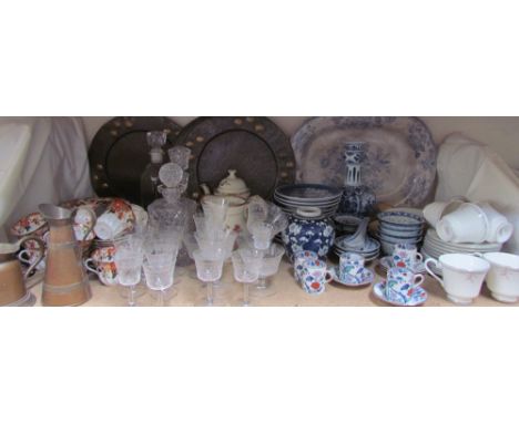 A Royal Doulton Carnation pattern part tea set together with a Booths part coffee set, blue and white meat plate, calendar pl