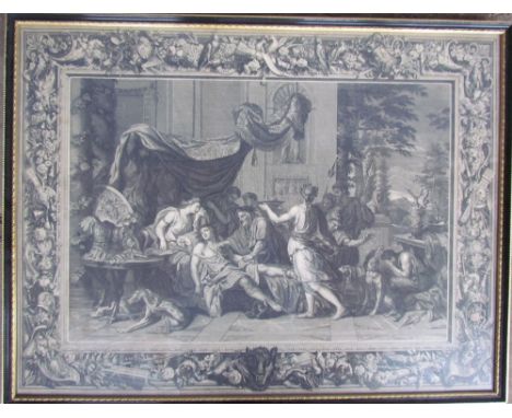 After Le BrunA black and white print depicting gladiatorial figures together with five other black and white prints and a hun