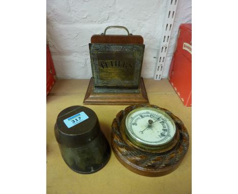 Early 20th century horse hoof inkwell, barometer and a letter rack (3)