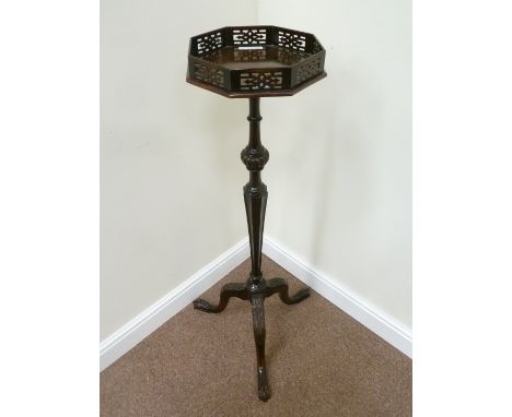 Early 20th Century mahogany jardiniere stand with octagonal fretwork gallery top carved tripod splay legs H104cm Condition Re