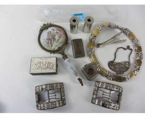 Pair Georgian shoe buckles, continental compact, ceramic hand mirror, pair 12 bore snap cartridges etc