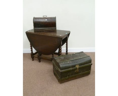 Tin trunk, old sewing machine and an oak gateleg dining table