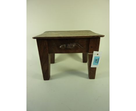 Early 20th century small Yorkshire adzed oak stool with carved mouse by Mouseman craftsman (probably out of hours) 25cm x 20c