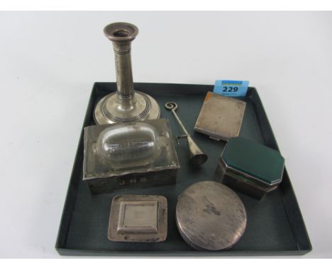 19th century continental snuff box, Victorian candlestick, card case, stamp  box and roller, candle snuffer all hallmarked an