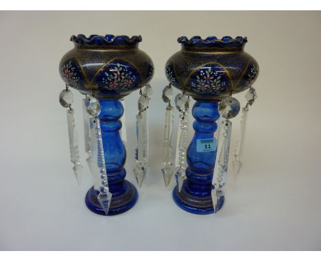 Pair of blue glass lustres with enamel decoration and clear cut crystal pendants 29cm