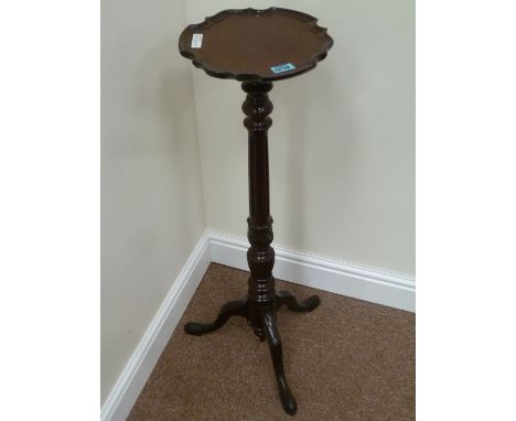 Early 20th Century mahogany jardiniere stand serpentine pie crust border top carved and fluted column tripod splay legs H87cm