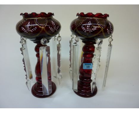 Pair of ruby glass lustres with enamel decoration and clear cut crystal pendants 29cm