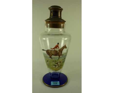 Early 20th century glass cocktail shaker with handpainted hunting scene H33cm