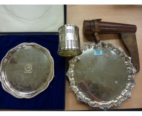 Gentleman's conical flask with hallmarked silver mounts and cup in leather holster, silver plated salver 'York Races' another