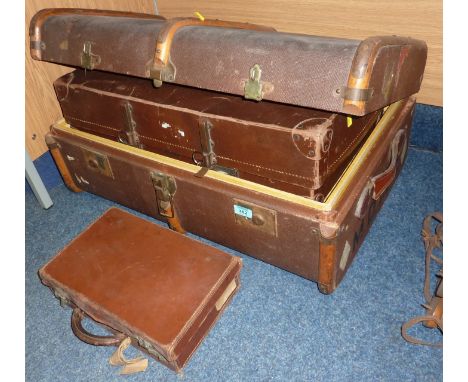 Wood banded trunk (bearing old label for R.M.S Atlantis), vintage suitcase and a similar small suitcase 