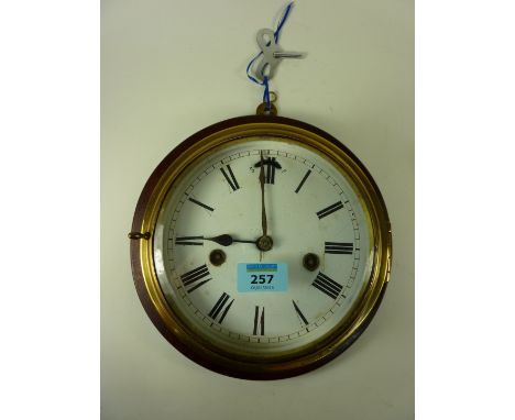 19th century brass ships clock, enamel dial on mahogany mount D26cm 