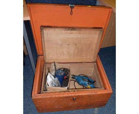 Workzone drill, Boyes Power 1020 Watt Router Model PR10f-10-B and two wooden tool boxes