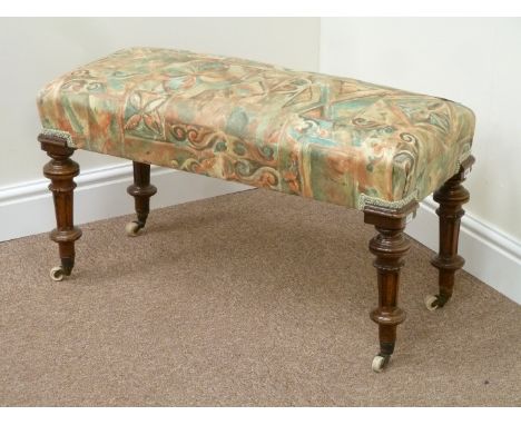 Victorian walnut dressing table stool, turned and fluted legs, L80cm x W30cm