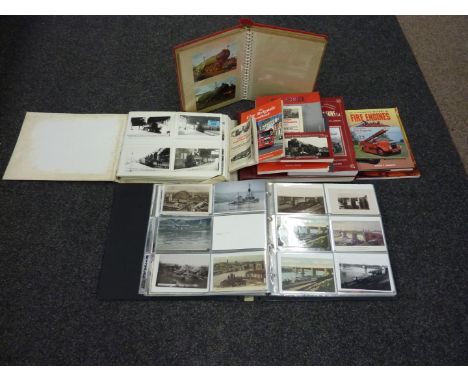 Fire engine, railway and shipping ephemera (books, photographs, postcards etc) in one box