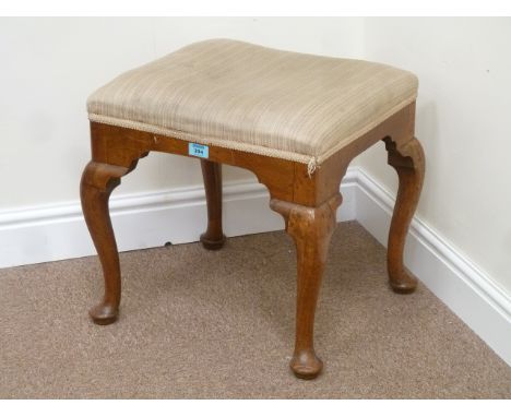 19th century walnut cabriole leg stool with upholstered top, W46cm x H46cm