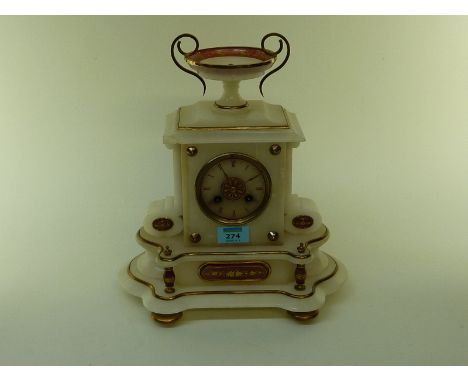 Late 19th century French alabaster mantle clock with rose coloured numerals and highlights, gilt metal applique with Japy & C