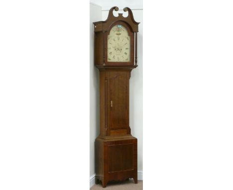 Early 19th century oak and mahogany banded longcase clock signed Ouston Scarborough, H226cm