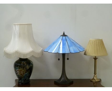 Twin light table lamp with blue Tiffany style glass shade, Chinese lamp and a small brass finish lamp