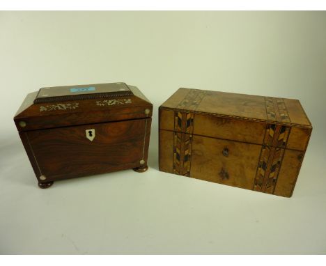 Early Victorian rosewood tea caddy inlaid with mother of pearl and silver stringing 20cm and Victorian burr walnut and Tunbri