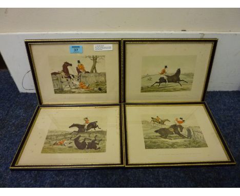 Set of four Hunting Scenes early 20th Century hand coloured cartoon prints after Henry Alken
