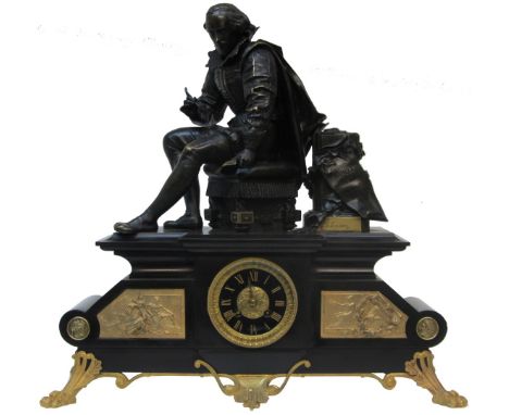 Late 19th century black marble mantel clock with bronze sculpture of Shakespeare by Jean Jules Salmson, eight day movement st