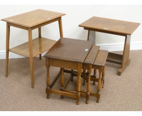 Medium oak nest of three tables, light oak two tier occasional table, and a magazine table