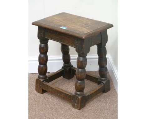 Victorian oak joint stool, heavy bobbin turned legs, W42cm x D28cm x H46cm