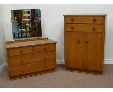 Mid 20th century vintage retro light oak tallboy fitted with two drawers, (W87cm, H127cm) and matching dressing chest fitted 