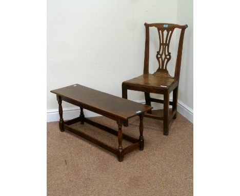 18th Century elm solid seat dining chair in the Chippendale style and a country made stool L93cm