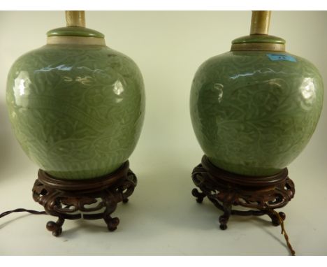 Pair Chinese Celadon green porcelain ginger jar lamps 23cm on hardwood stands