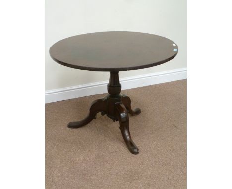 Georgian mahogany pedestal table, circular snap box top, on carved tripod base, D90cm, H67cm