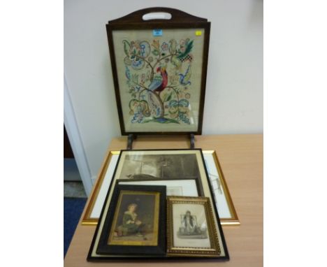 Early 20th century oak firescreen with embroidered panel and 19th century and later pictures and prints