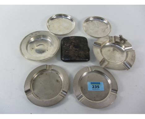 Silver Armada ashtray, pair engine turned ashtrays, another with Spaniel, pair dishes and a cigarette case, all hallmarked ap