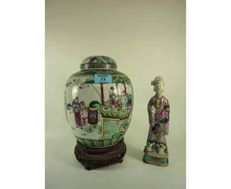 Late 19th century Cantonese Famille Vert ginger jar and cover decorated with figures in garden settings H23cm and a Cantonese