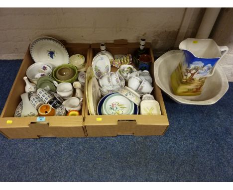Poole dish, vintage and later decorative ceramics in two boxes 