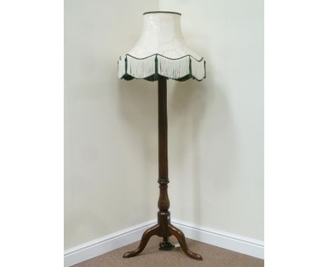 Early 20th Century mahogany standard lamp fluted column carved with wheat ear tripod splay legs fringed shaded, H148cm