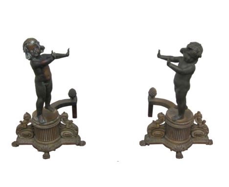 Pair of late mid/late 19th century Louis XVI style ormolu and bronze chenets modelled as opposing putti 55cm high