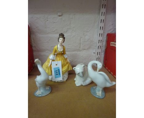 Royal Doulton figure 'Coralie' HN2307, Lladro polar bear and two Lladro geese