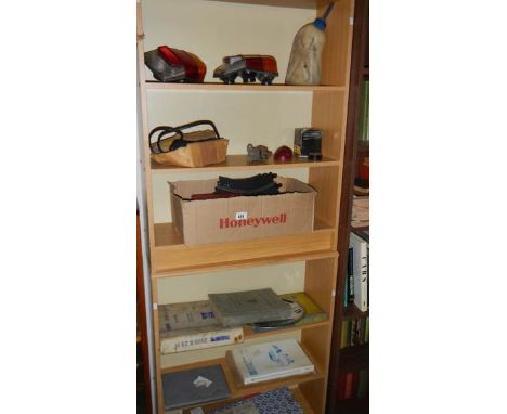A quantity of old car manual, gasket sets etc together with a box of Scalextric track,
