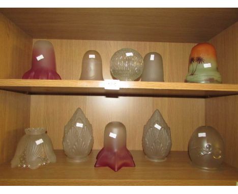 10 Edwardian glass lamp shades including cranberry, acid etched and Egyptian revival.