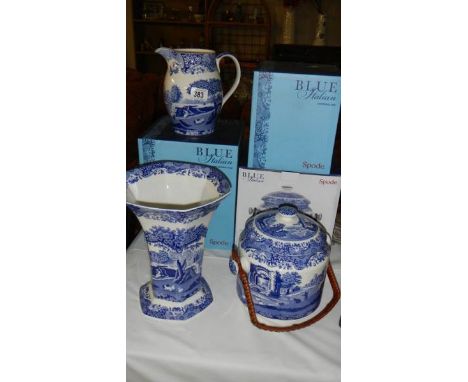 A boxed Spode Italian biscuit barrel, jug and vase,