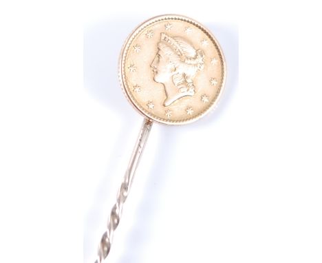 USA, 18?1 gold one dollar, obv, liberty head, rev; denomination above date within wreath, mounted as a stick pin. (1)