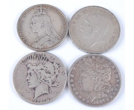 Great Britain and U.S.A., an 1889 silver crown and a 1935 rocking horse crown, together with an 1887 Morgan dollar and a 1926