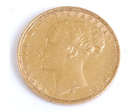 Great Britain, 1878 gold full sovereign, Victoria "young" head above Melbourne mint mark, rev; St George and Dragon above dat