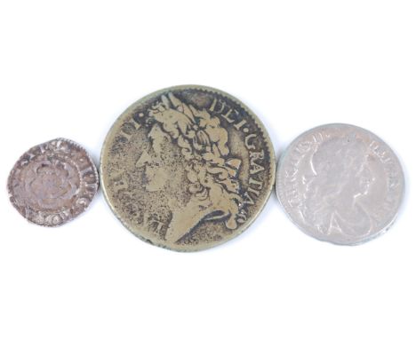 James I (1603-1625), silver penny, obv; rose, rev; thistle, together with a James II 1689 gun money shilling and Charles II g
