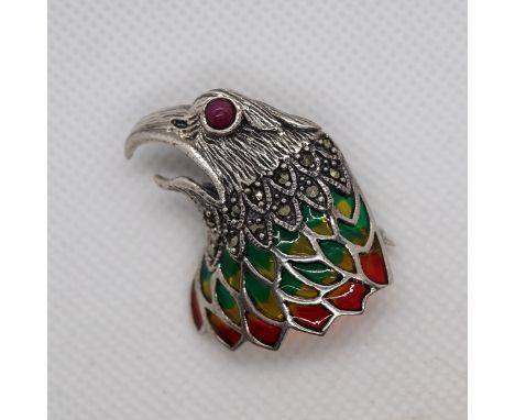 Silver &amp; enamel ruby eyed bird brooch 