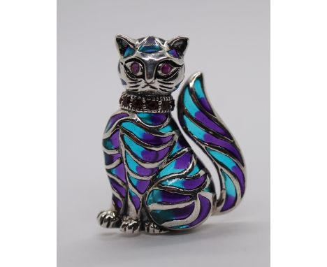 Silver &amp; enamel ruby eyed cat brooch 